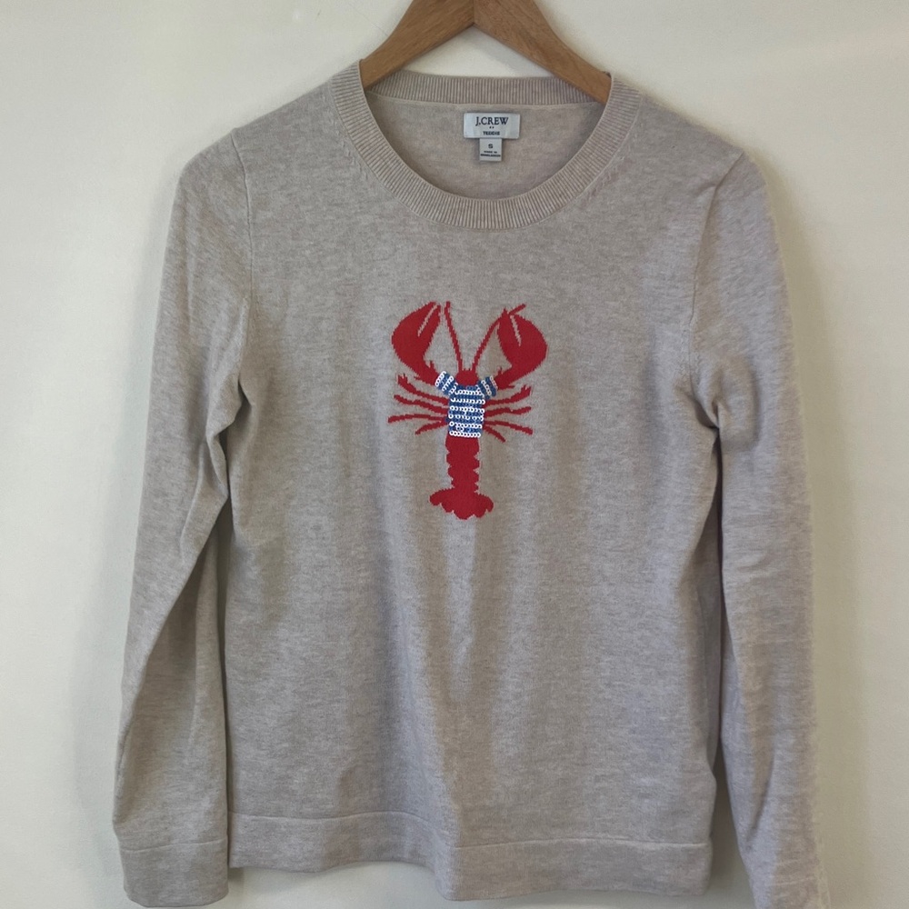 J. Crew Beige Crewneck Sweater with Red Lobster Intarsia